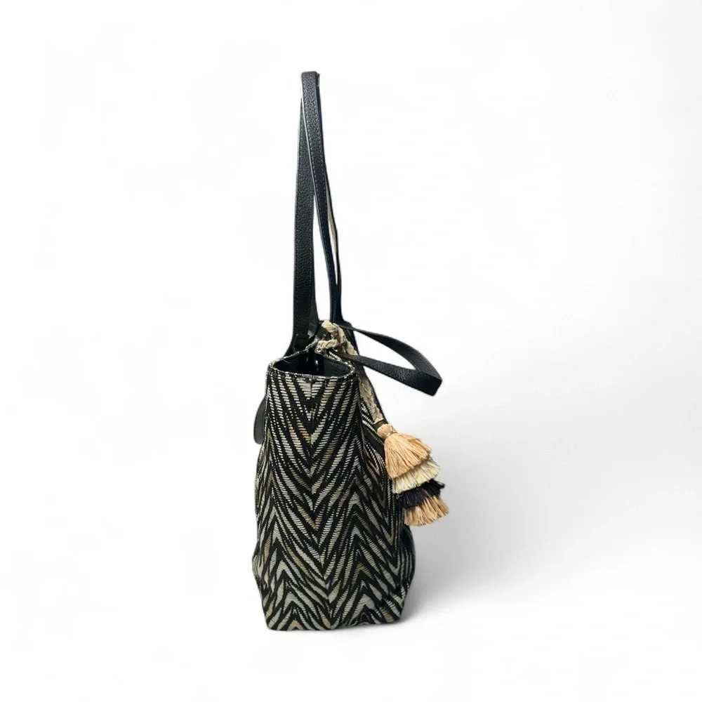 Henri Bendel Black and Tan Chevron Shoulder Tote Bag